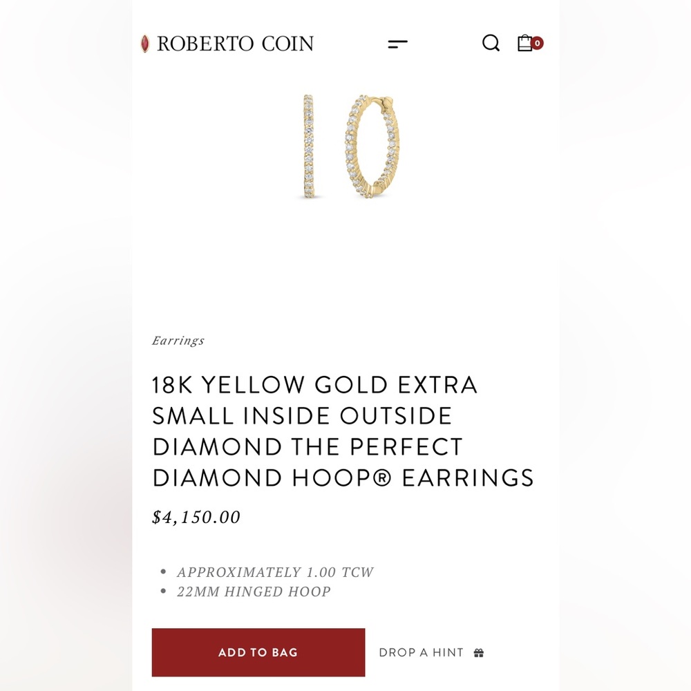 Roberto Coin 18K Yellow Gold inside out Diamond Hoop Earrings NWOT